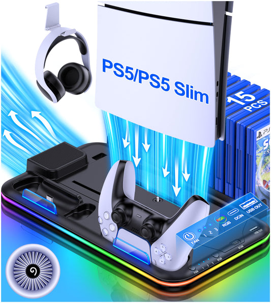 PS5 Slim Stand and Turbo Cooling Station with Controller Charging Station for Playsation 5, PS5 Accessories Kits Incl. 3 Levels Cooling Fan, 15 Game