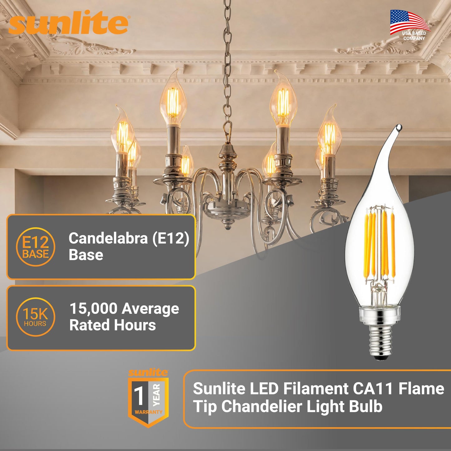 Sunlite LED Filament CA11 Flame Tip Chandelier Light Bulb, 5 Watts (60W Equivalent), 600 Lumens, Candelabra Base (E12), Edison Style, Dimmable, ETL