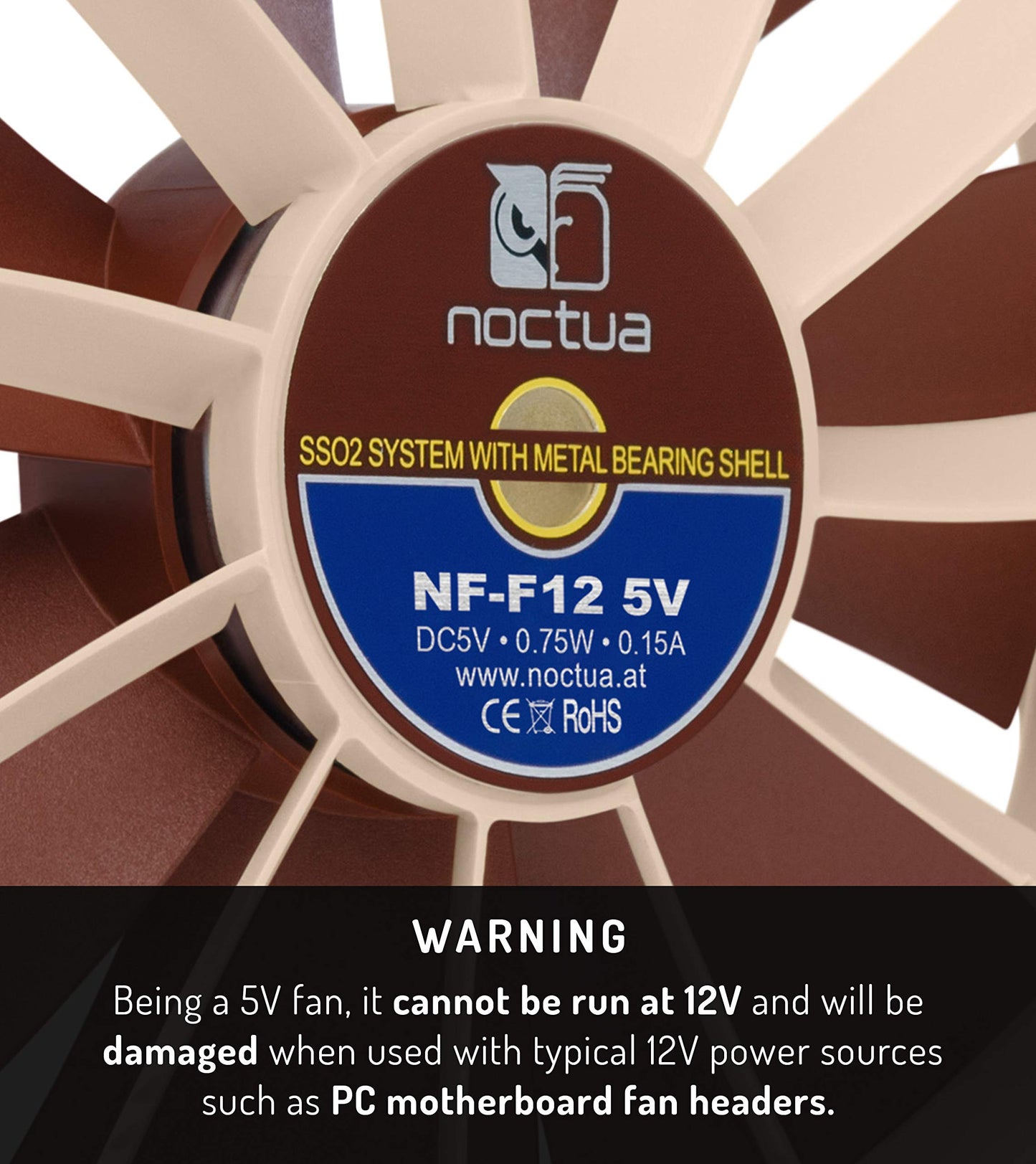 Noctua NF-F12 5V, Premium Quiet Fan with USB Power Adaptor Cable, 3-Pin, 5V Version (120mm, Brown)