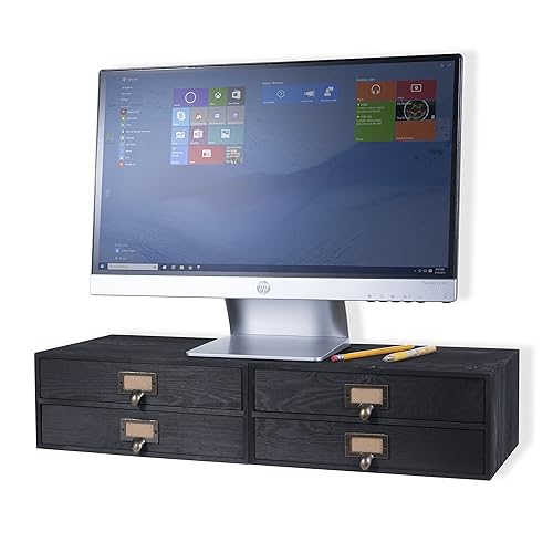 Wallniture Home Office Desktop Organizer - 2 Drawer Wooden Monitor Riser - Printing Paper Storage Solution Set of 2 (Black)