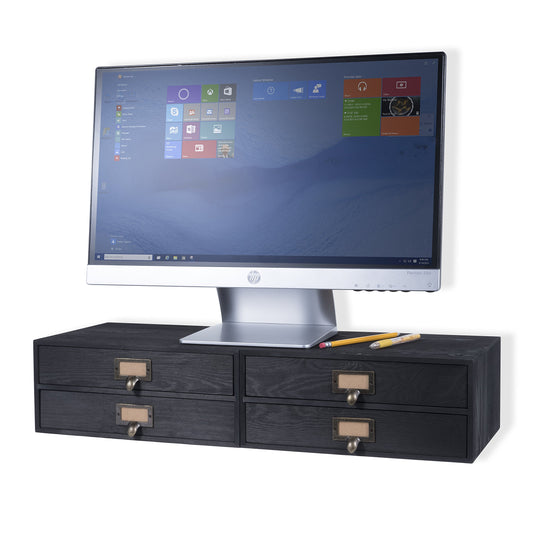 Wallniture Home Office Desktop Organizer - 2 Drawer Wooden Monitor Riser - Printing Paper Storage Solution Set of 2 (Black)