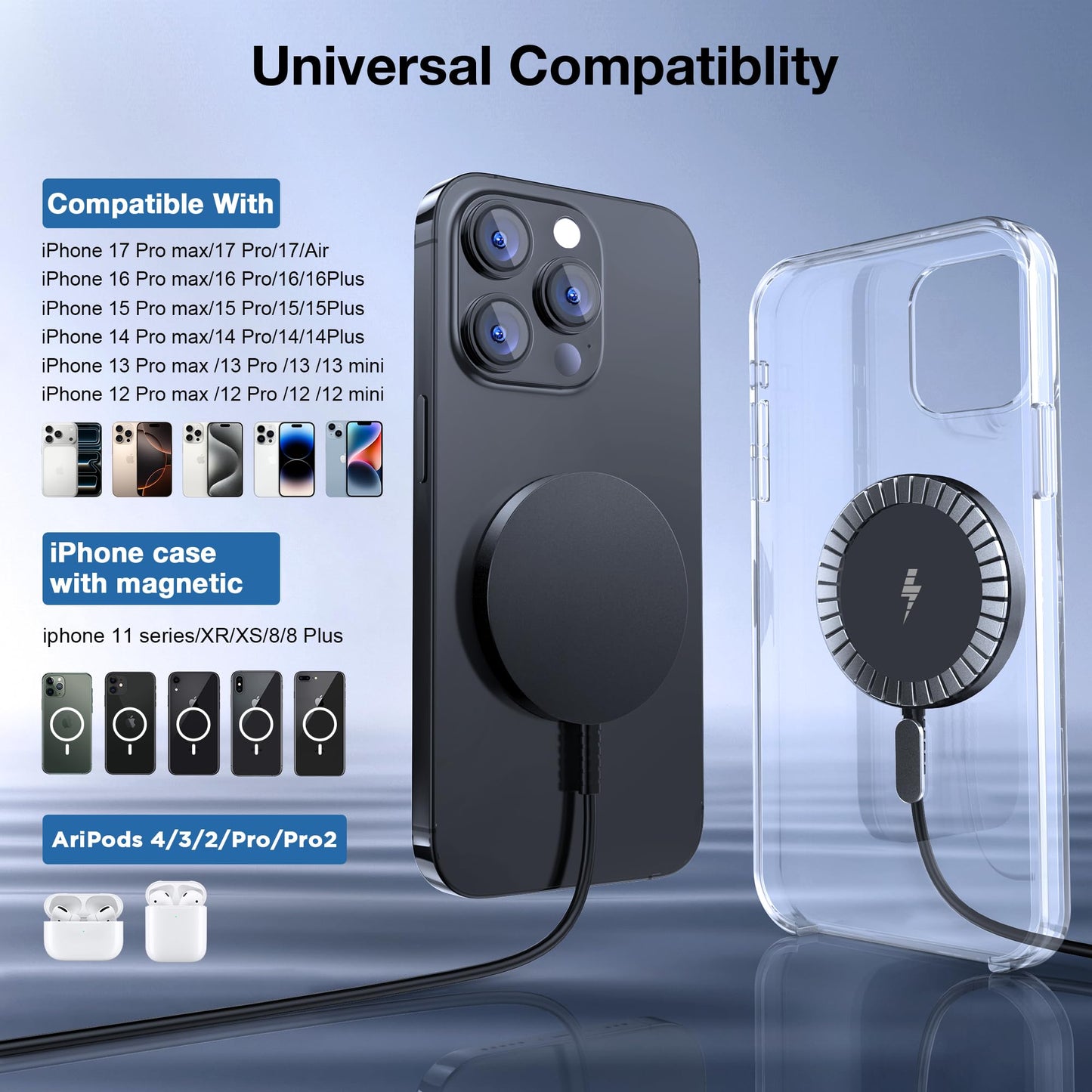Magnetic Wireless Charger for iPhone: Compatible with Magsafe Charger iPhone 17 16 15 14 13 12 Series & Airpods 4 3 2 Pro-Fast 15W Max Charging Pad