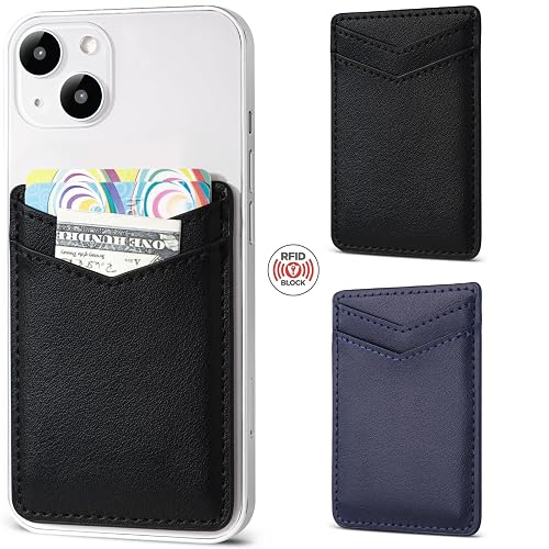 2Pack Phone Wallet,Leather Phone Card Holder Adhesive Stick On Credit Card Pocket for Back of Phone Case iPhone and Android-Black,Navy Blue