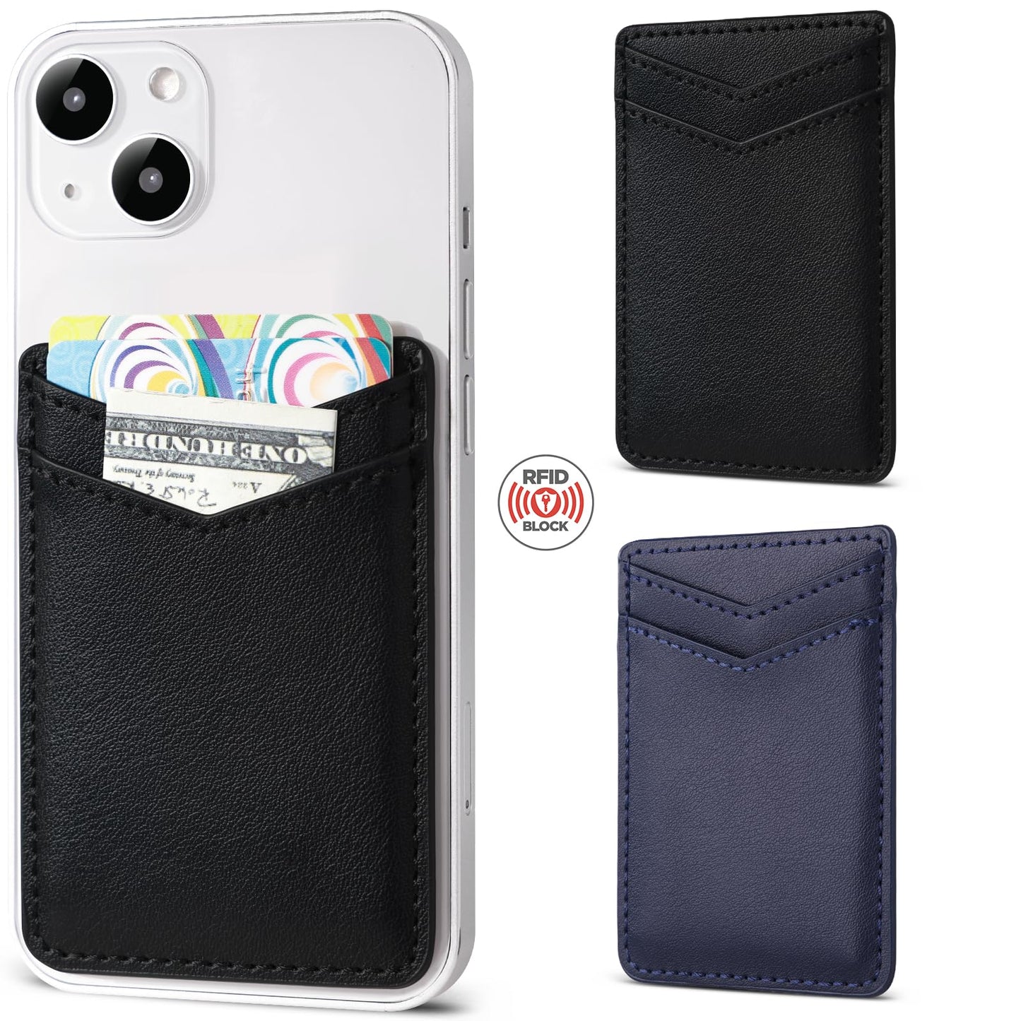 2Pack Phone Wallet,Leather Phone Card Holder Adhesive Stick On Credit Card Pocket for Back of Phone Case iPhone and Android-Black,Navy Blue
