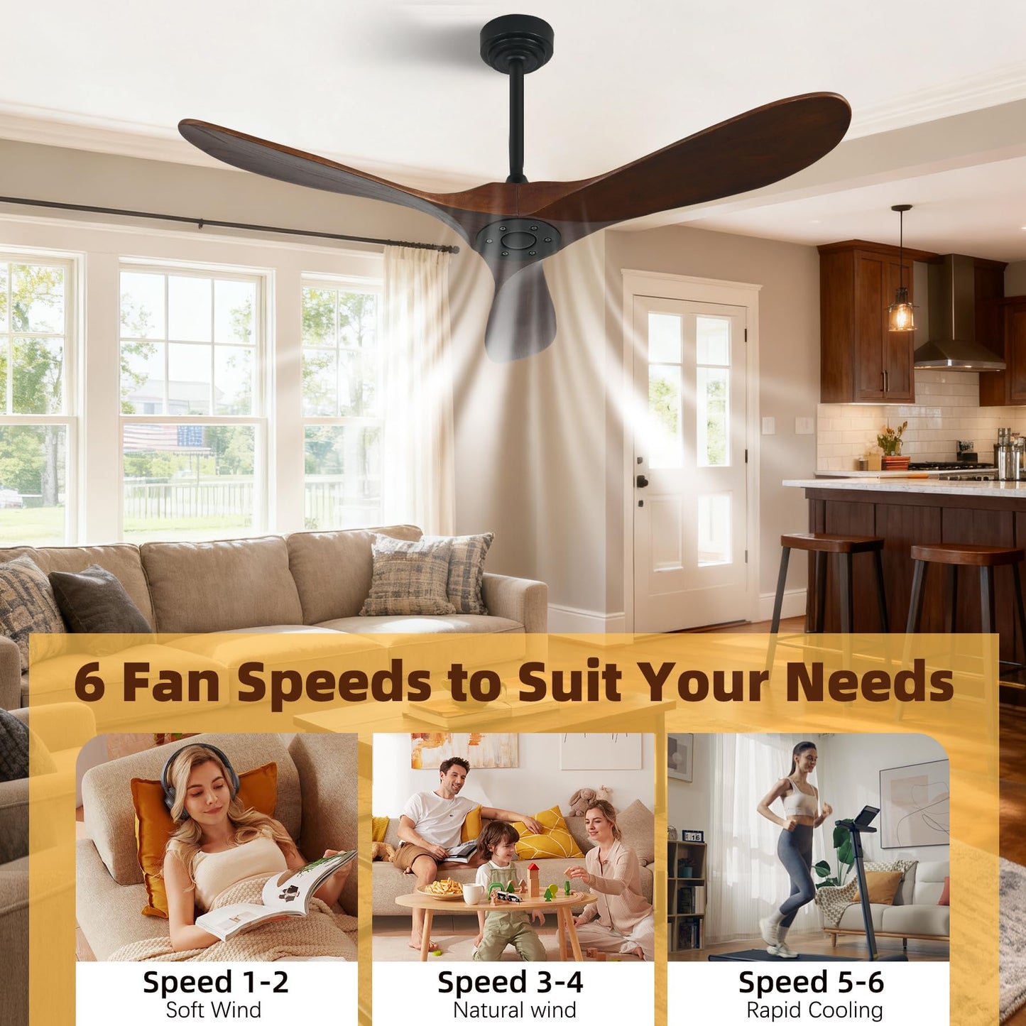 Homlit Smart Ceiling Fan no Light, 52 Inch Outdoor Ceiling Fan Without Light, Compatible with Alexa/Google/App, 3 Solid Wood Blades, Modern Wood Fan