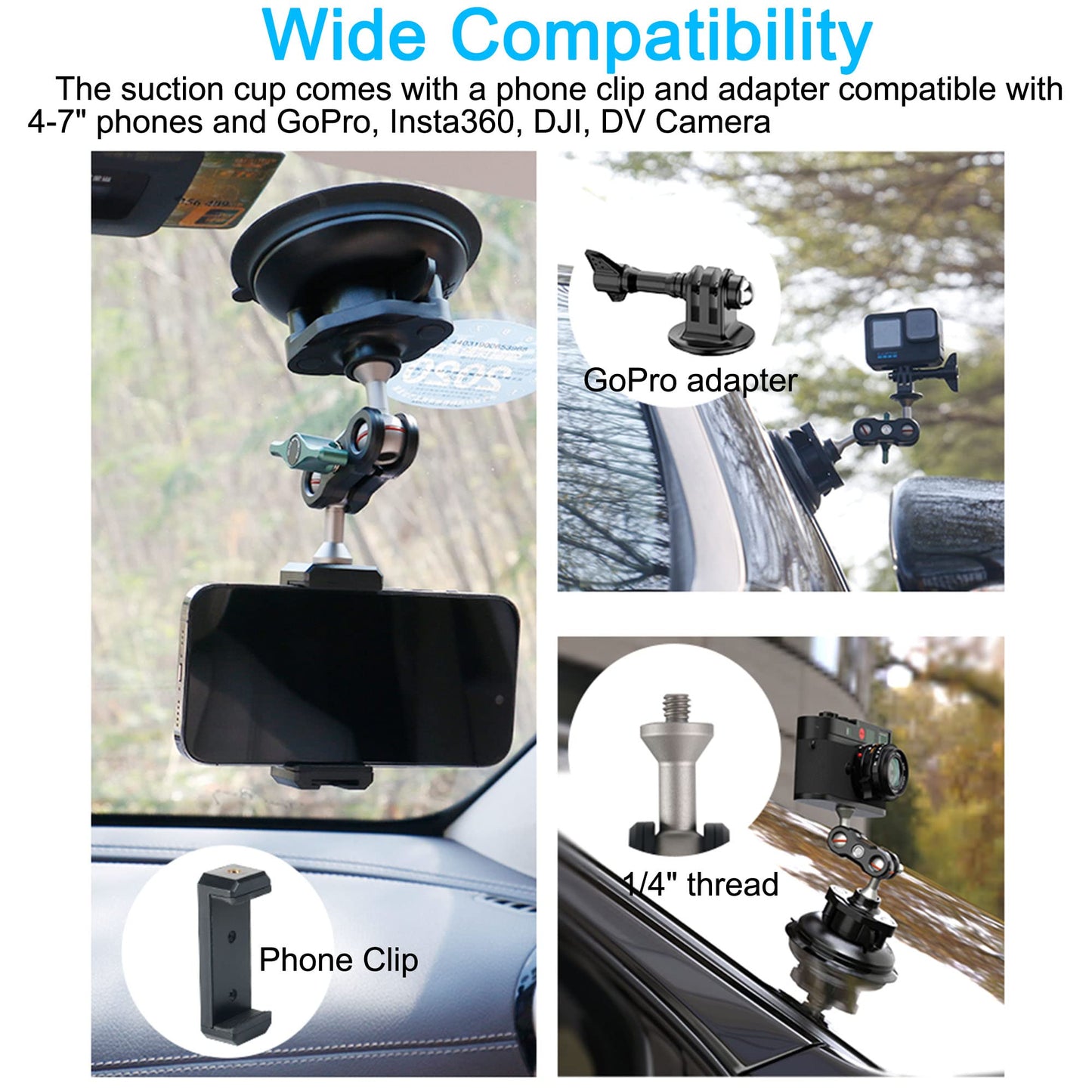 PellKing Camera Suction Cup Mount with Phone Holder and Action Camera Adapter Accessories for Insta360 X5,X4 X3, ONE X2, ONE RS, GoPro Hero 13 12 11