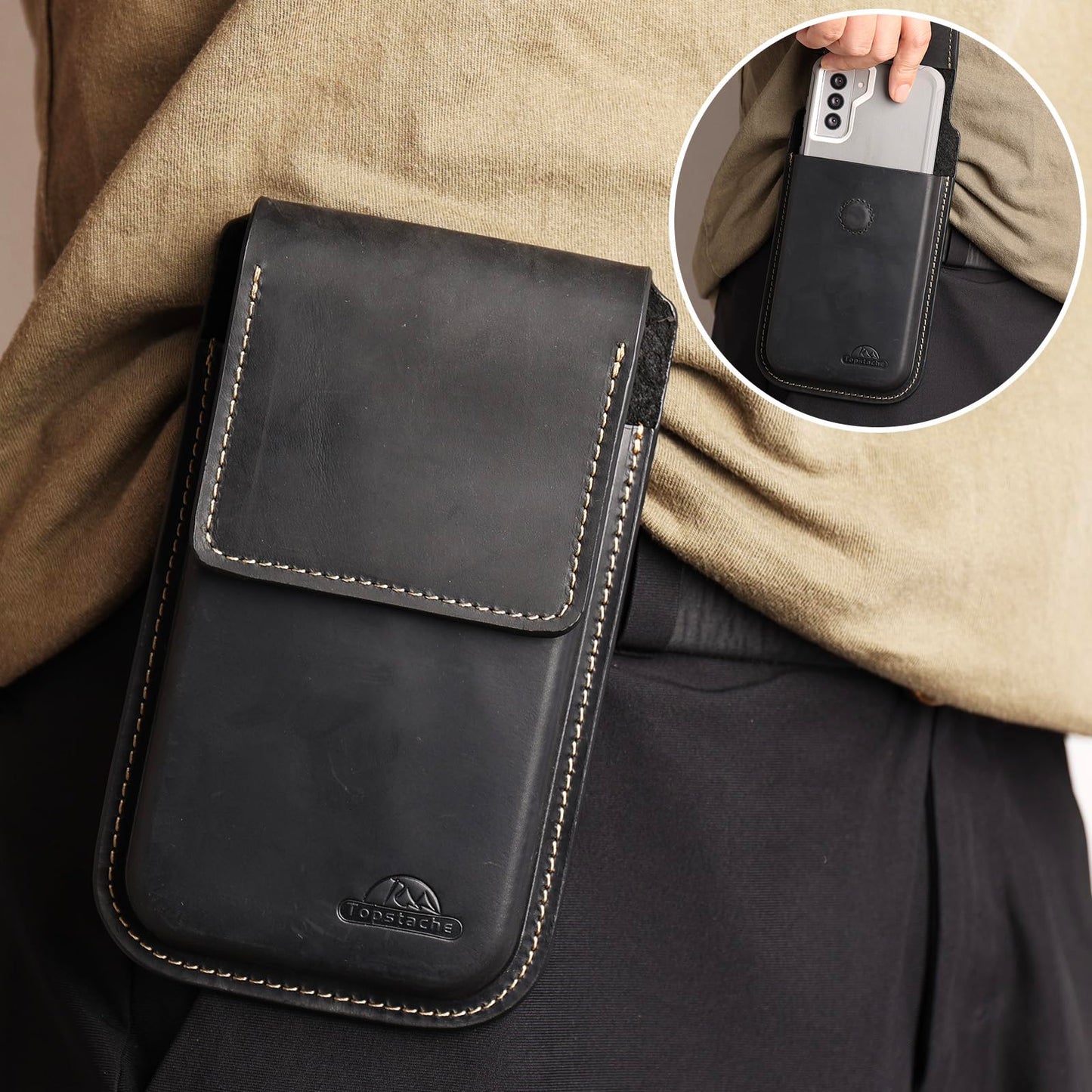 Topstache Leather Cell Phone Holster for Galaxy S25/S24/S23 Ultra & Plus - Belt Clip Cell Phone Case for iPhone 17/16/15/14 Pro Max & Plus - Leather
