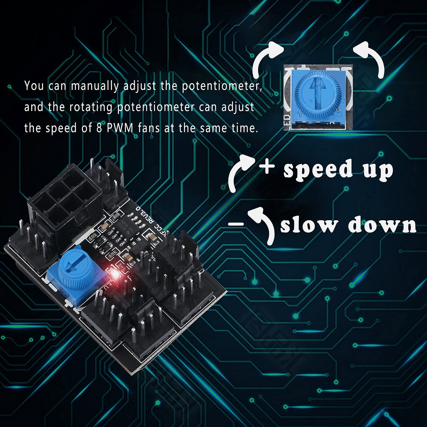 MEIRIYFA 4 Pin Fan Adapter PWM PC Chassis Cooling Fan Hub 8 Way Splitter DC12V Speed Controller with 6 Pin Power Port,Chassis Fan Pressure Regulating