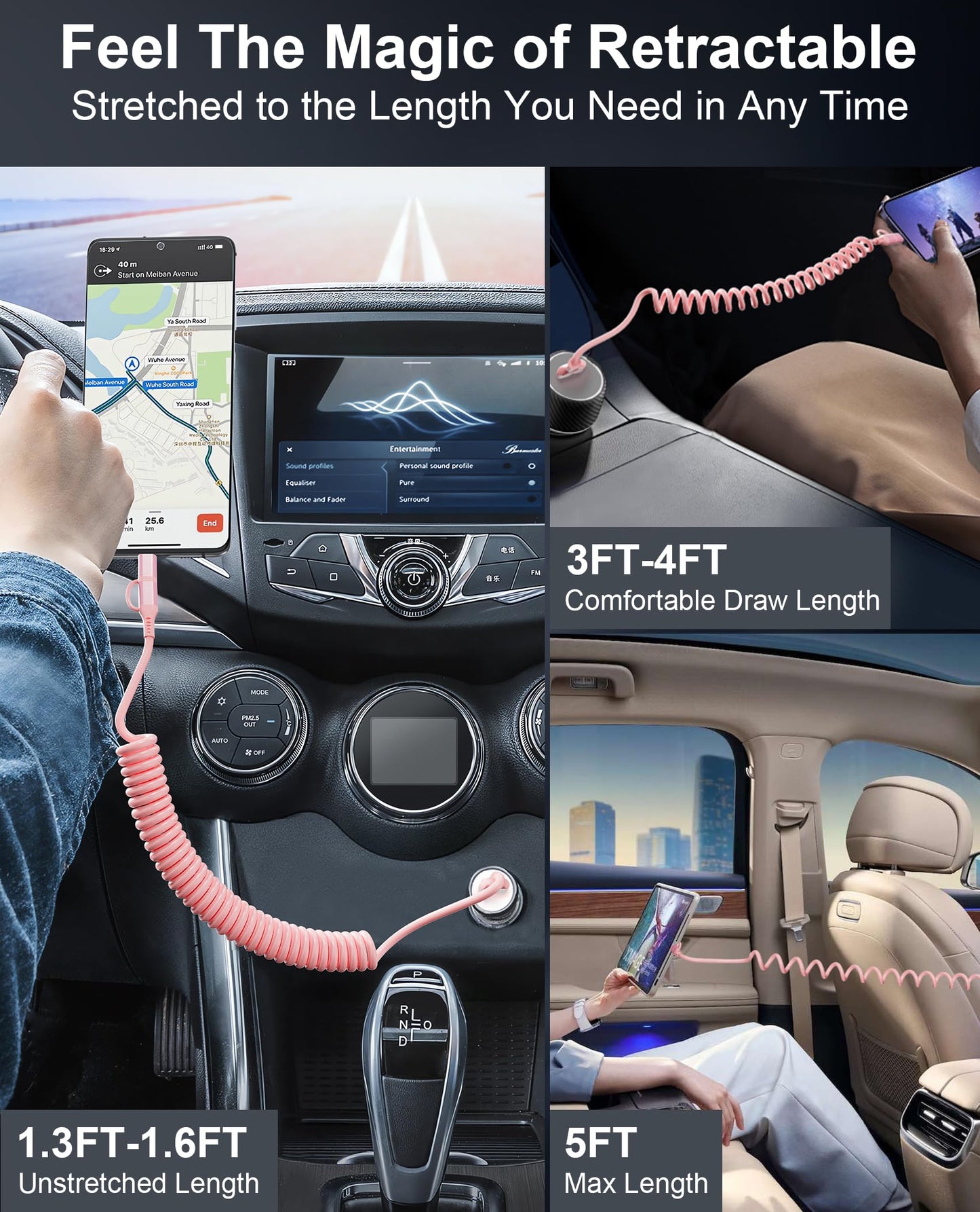 2-in-1 Coiled USB-C & Lightning Pink iPhone Car Charger - Pink Charger for iPhone 16/15/14/Android, Apple CarPlay & Android Auto Supported, Short…