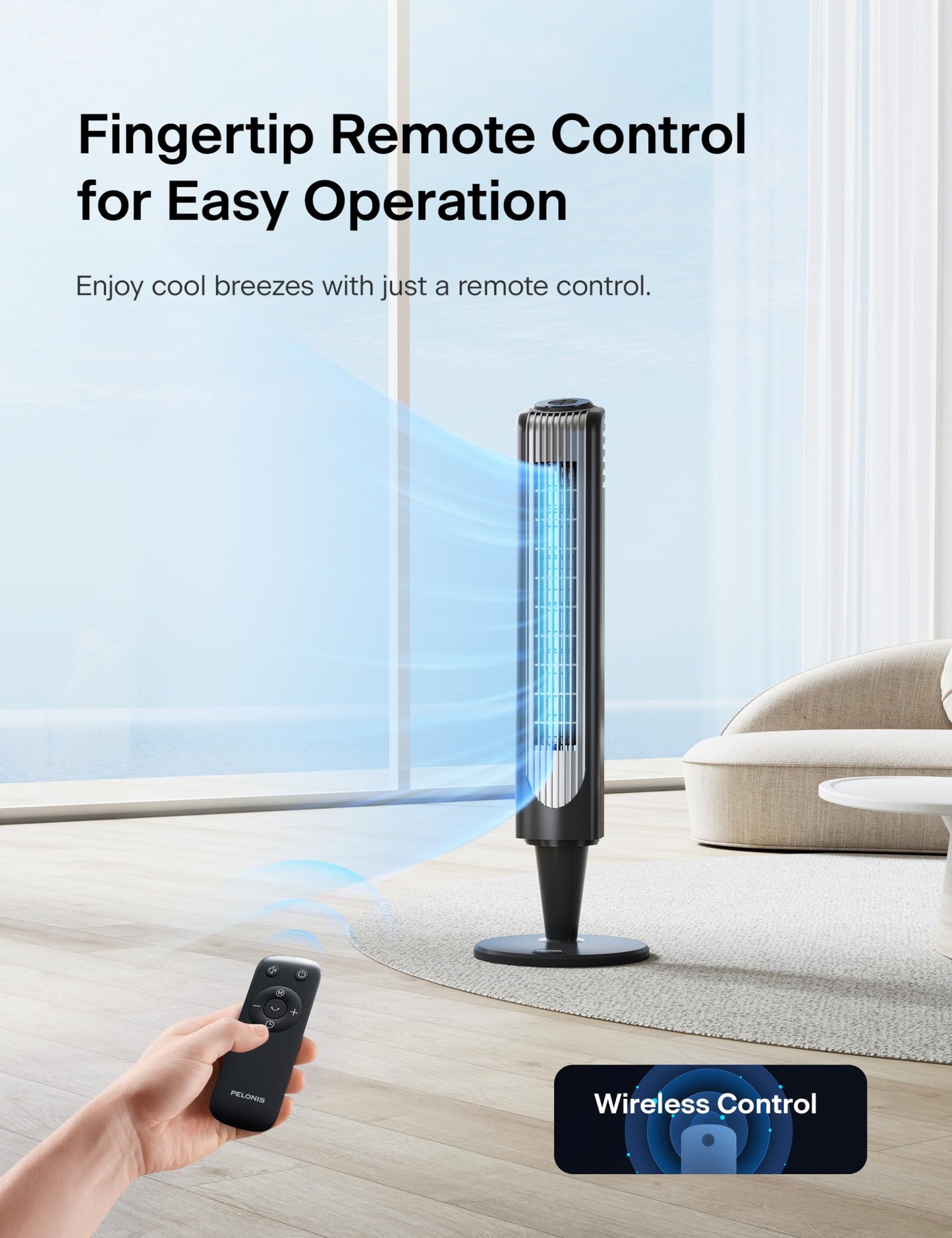 Pelonis 36-Inch Tower Fan for Bedroom - Oscillating Tower Fan with Remote Control - Indoor Quiet Fan with 3 Speeds, 4 Modes and 15-Hour Timer - ETL