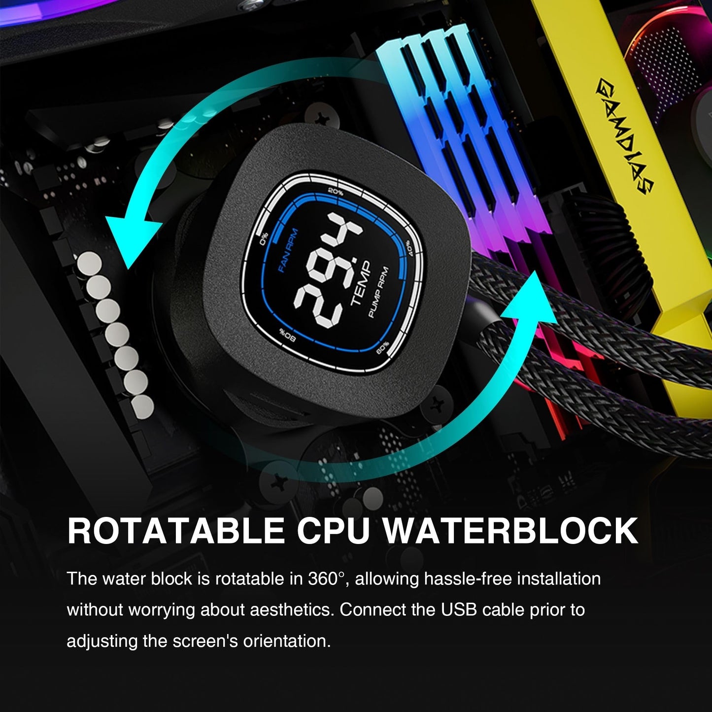 GAMDIAS 240mm CPU Liquid Cooler AIO w/ 2.1" Display & Customized Software, CPU Water Cooler w/Thick Radiator and ARGB PWM 2X 120mm Computer PC Case