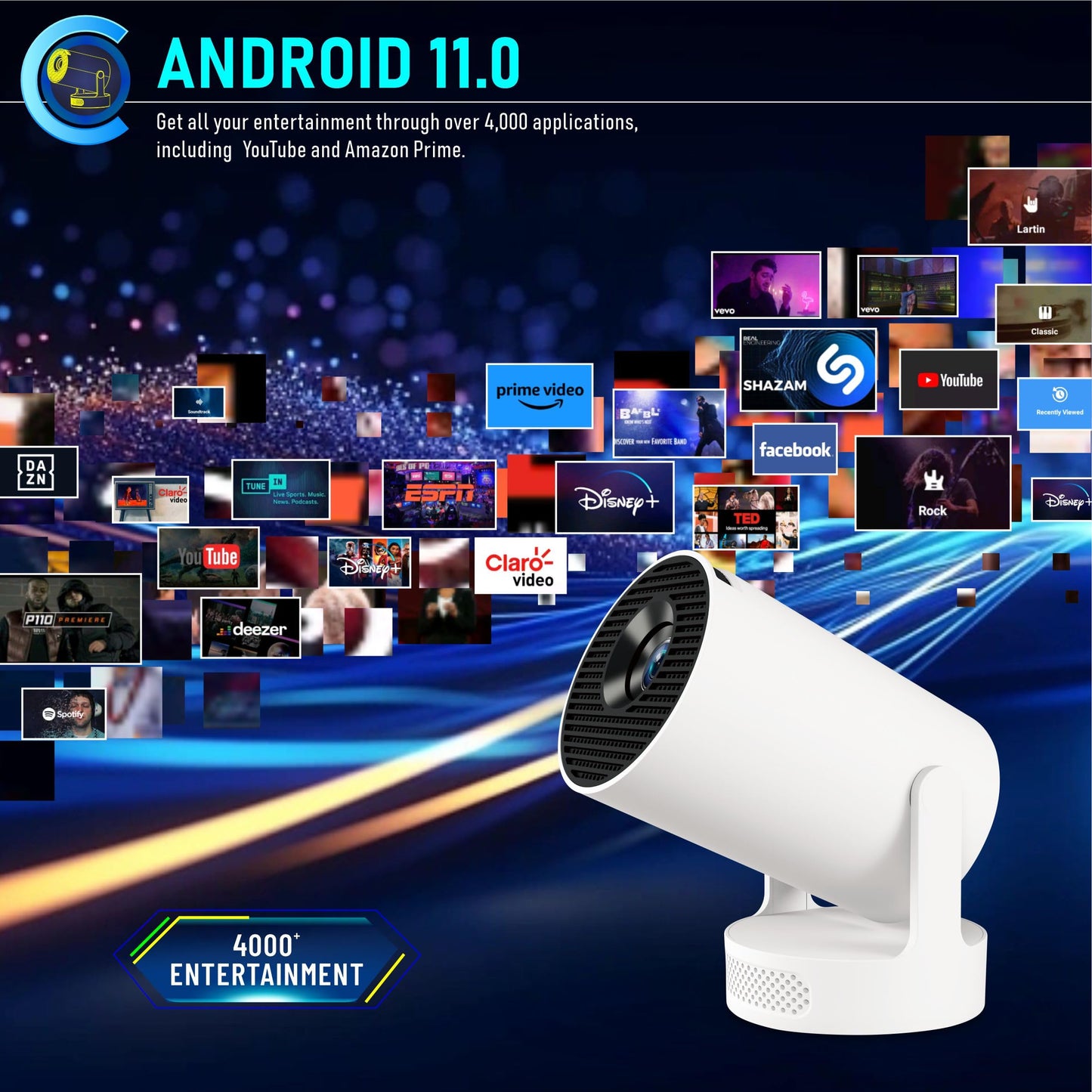Portable Mini Projector with Ultra Short Throw, WiFi 6 & Bluetooth 5.4, 4K Support, Android 11 Smart Proyector with Built-in 4000+ Apps, Remote