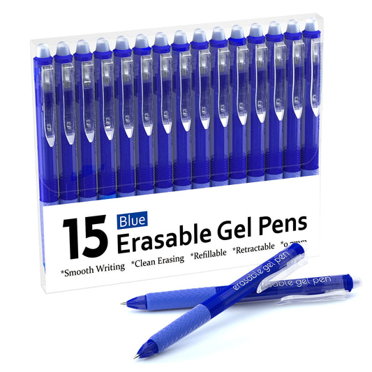 Lineon Erasable Gel Pens, 15 Pack Blue Retractable Erasable Pens Clicker, Fine Point, Make Mistakes Disappear, Blue Ink for School & Office