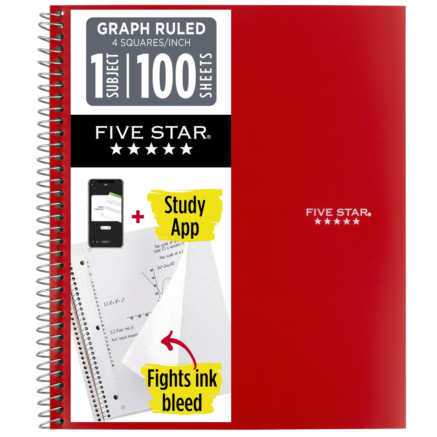 Five Star Spiral Notebook + Study App, 1 Subject, Graph Ruled Paper, 8-1/2" x 11", 100 Sheets, Fights Ink Bleed, Water Resistant Cover, Fire Red