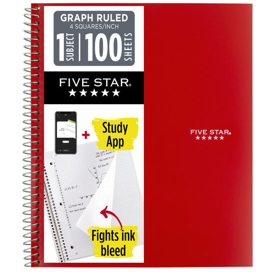Five Star Spiral Notebook + Study App, 1 Subject, Graph Ruled Paper, 8-1/2" x 11", 100 Sheets, Fights Ink Bleed, Water Resistant Cover, Fire Red