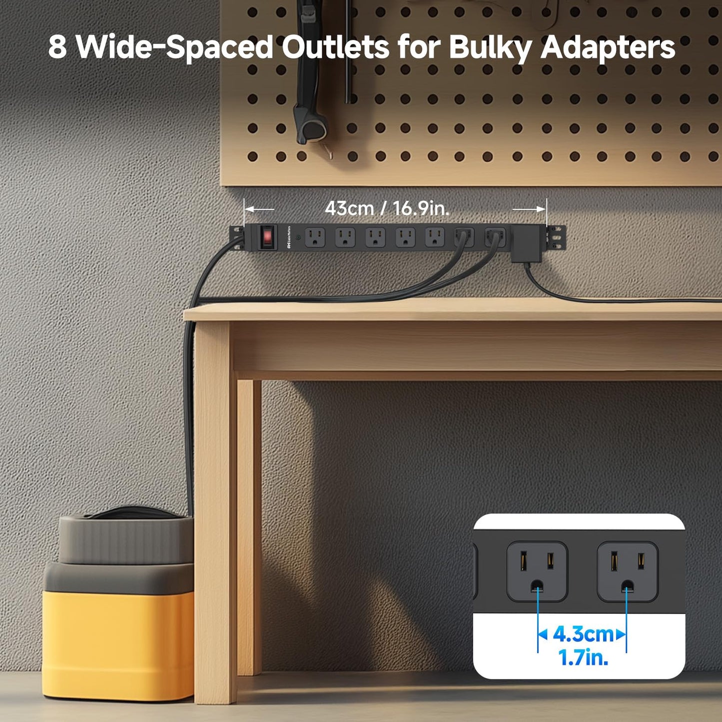 [ETL Certified] Cable Matters Wall-Mountable 8 Outlet Power Strip - 8ft Cord, Metal, 2100J Surge Protector with 15A Circuit Breaker, Industrial Power