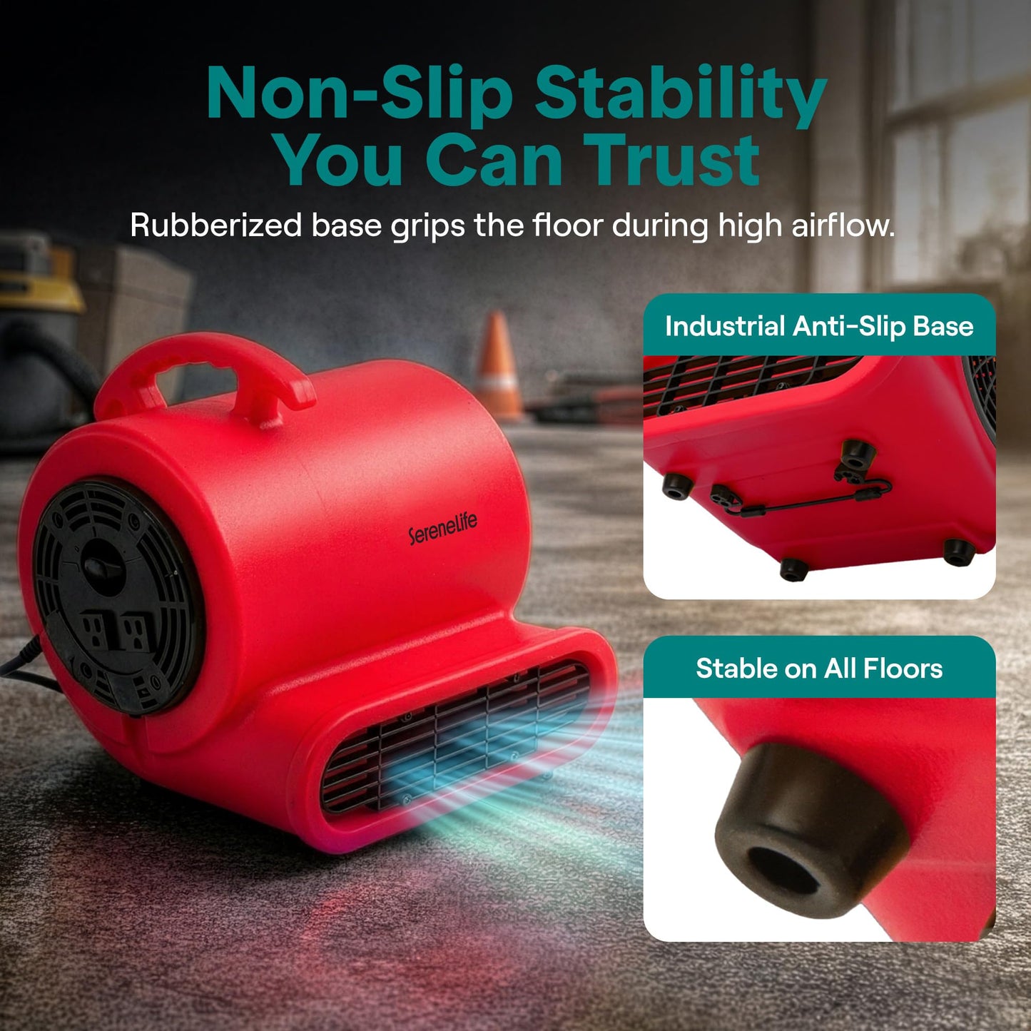 SereneLife Air Mover Blower Fan 2500 CFM - Powerful High Performance 3-Speed Fan for Floor & Carpet Drying, Portable Floor Fan w/Adjustable Tilt, Plug