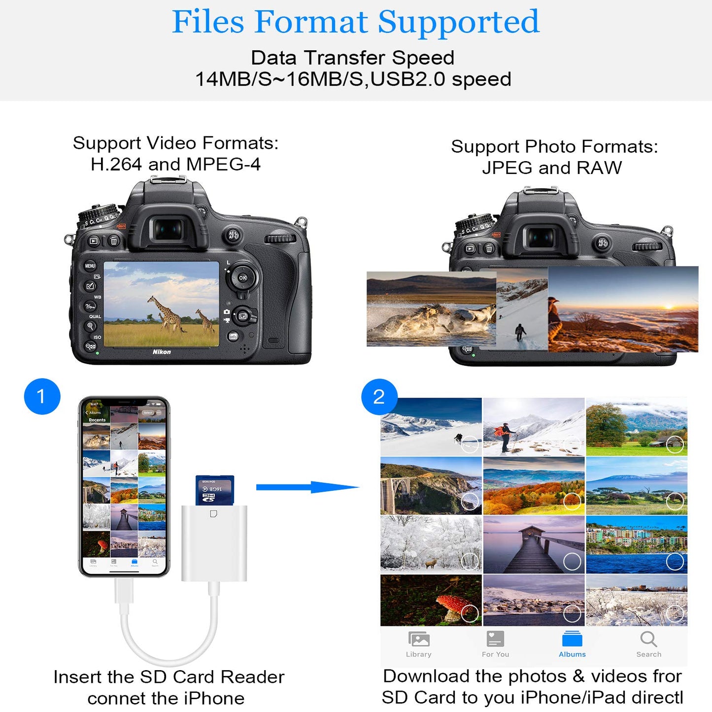 Lightning to SD TF Card Camera Reader Digital Camera SD Card Reader for Select iPhone, iPad Models (Support iOS 16 and Before), Trail Game Camera