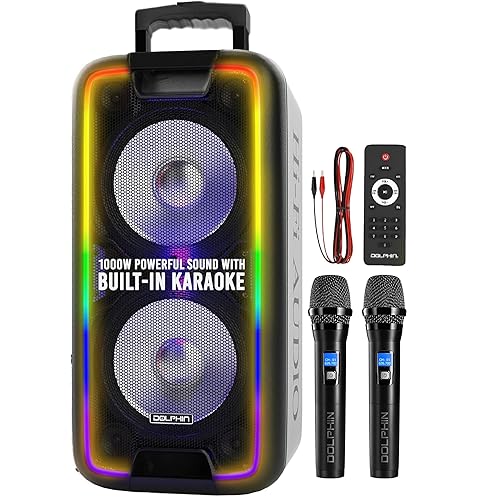 Dolphin Dual 10" Bluetooth Party Speaker - 1000W Big Speaker with 2 Wireless Microphones, Powerful Bass, Multicolor LED Lights, Tailgate Ready