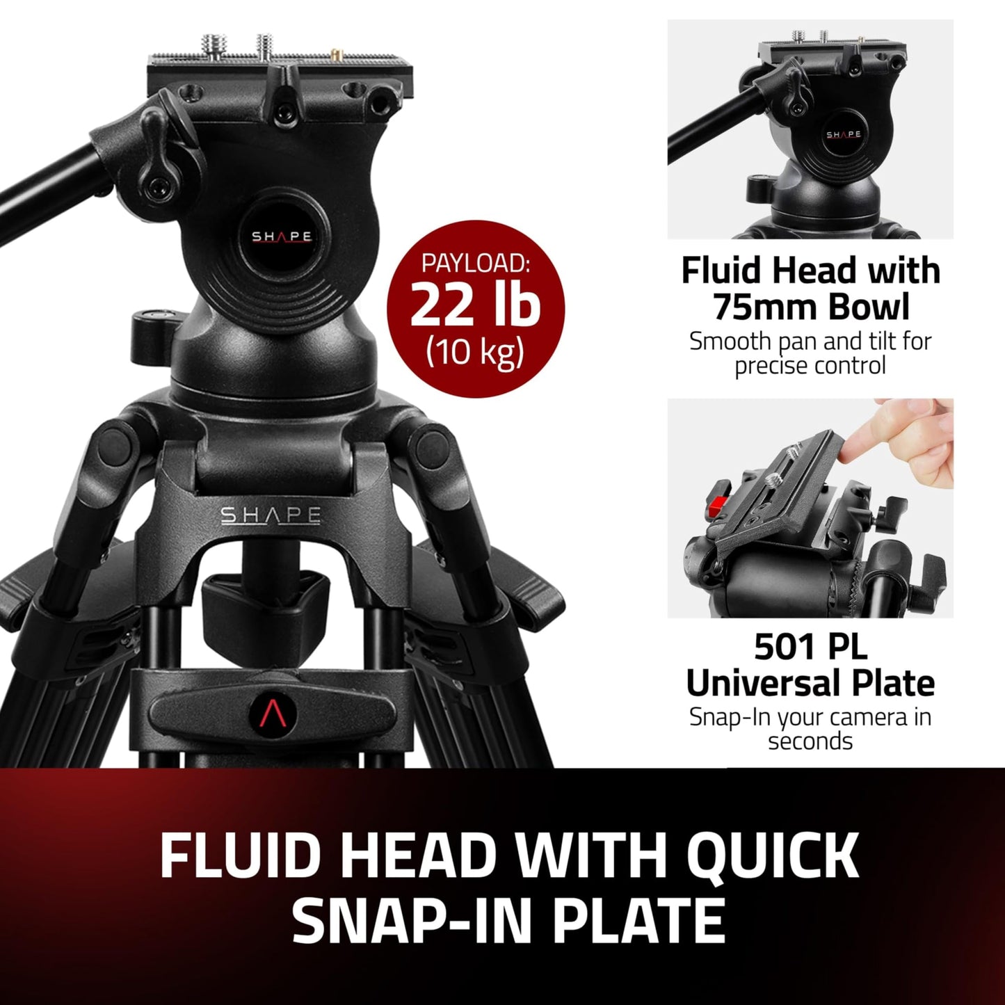 Shape Aluminum Professional Tripod for Camera - Heavy-Duty Tripod with Fluid Head, Mid-Level Spreader, Telescopic Handle & Bag - 22 lb Load Capacity