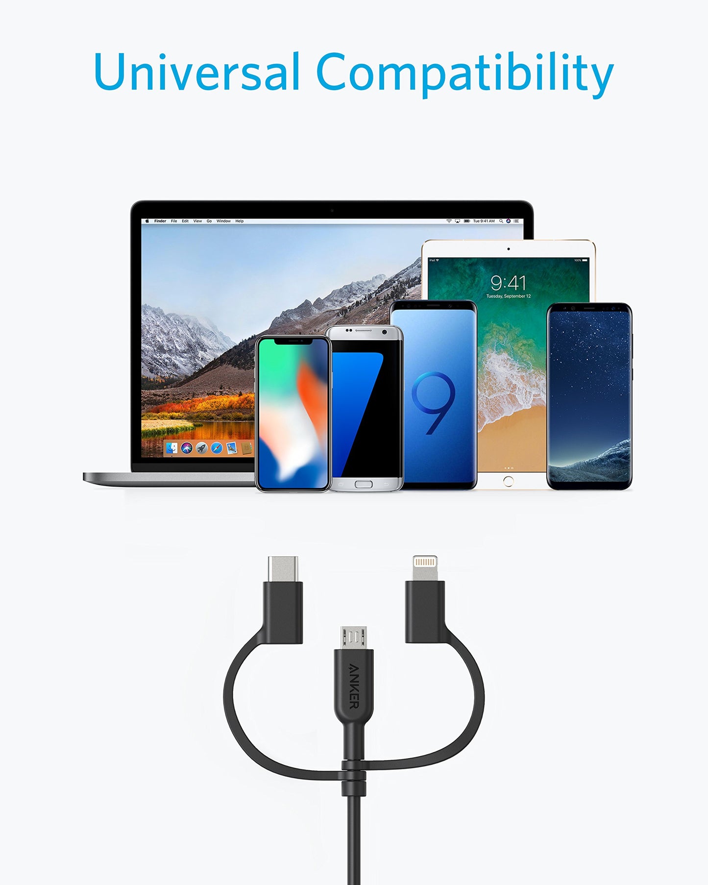Anker Powerline II 3-in-1 Cable, Lightning/Type C/Micro USB Cable for iPhone, iPad, Huawei, HTC, LG, Samsung Galaxy, Sony Xperia, Android Smartphones