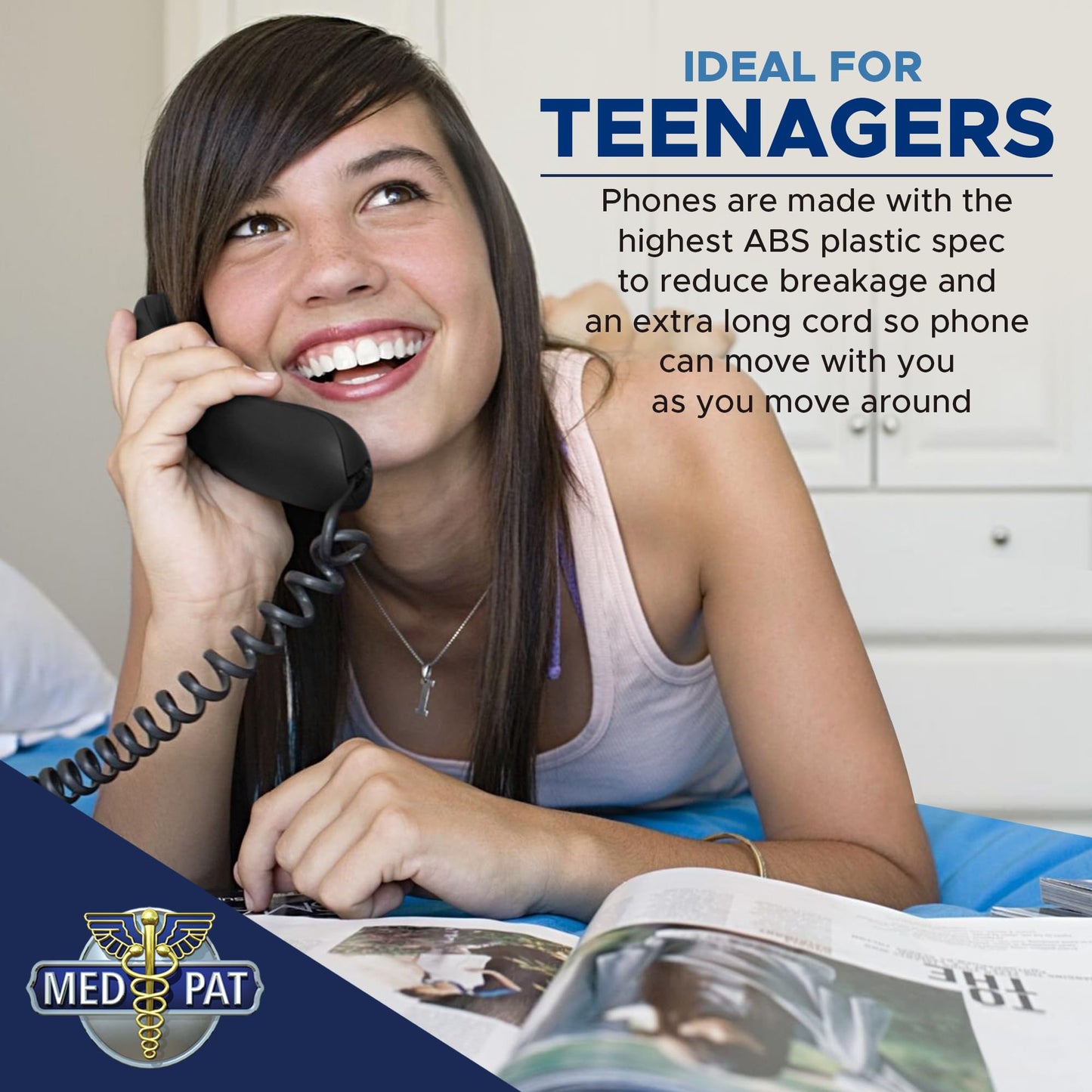 Med-Pat T-4 Full-Featured Trimline Telephone w/Ring/in-Use Light Indicator - Corded Wall Phone w/Full Range Volume Control, Hearing Aid Compatible