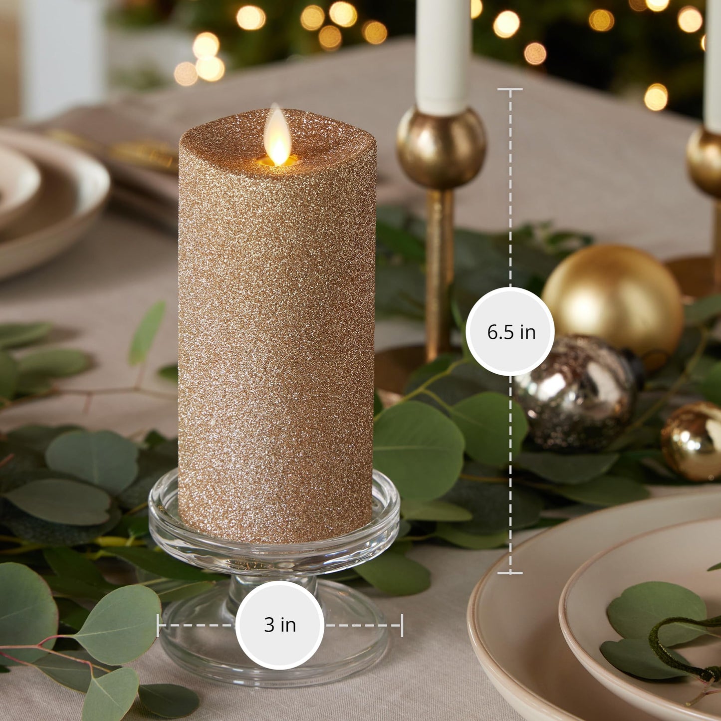 Luminara Realistic Artificial Flame Gold Glitter Pillar Candle - Moving Flame LED Battery Operated Lights - Unscented - Remote Ready - Remote Sold