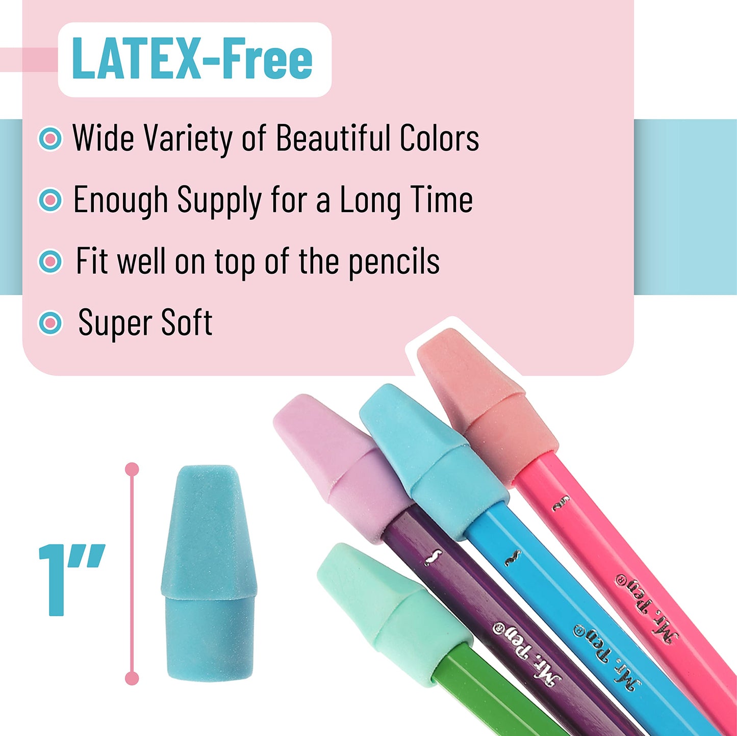 Mr. Pen- Pencil Top Erasers, 150 Pack, Pastel Colors, Latex-Free, No-Smudge Cap Pencil Erasers for Precise Erasing, Kids, Teachers, Studying Supplies