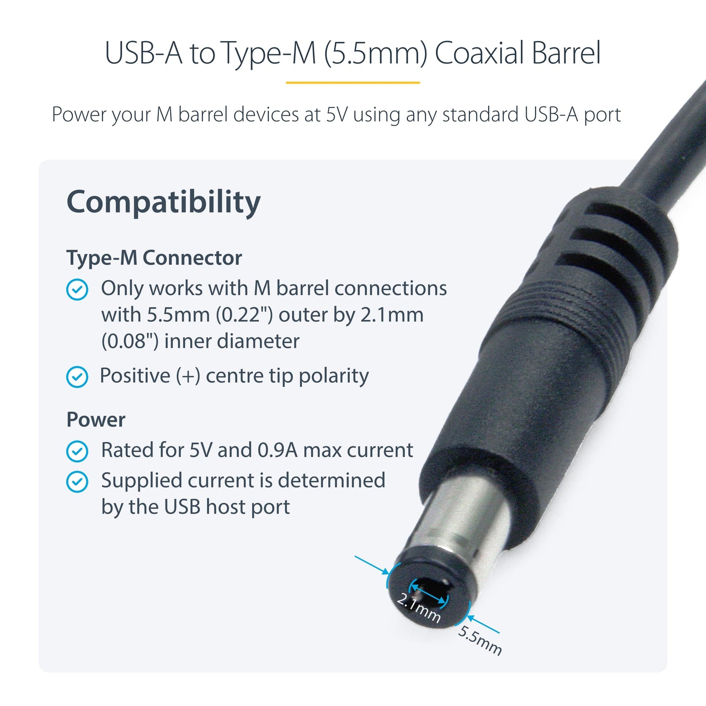 StarTech 3FT USB to Type M Barrel DC Power Cable