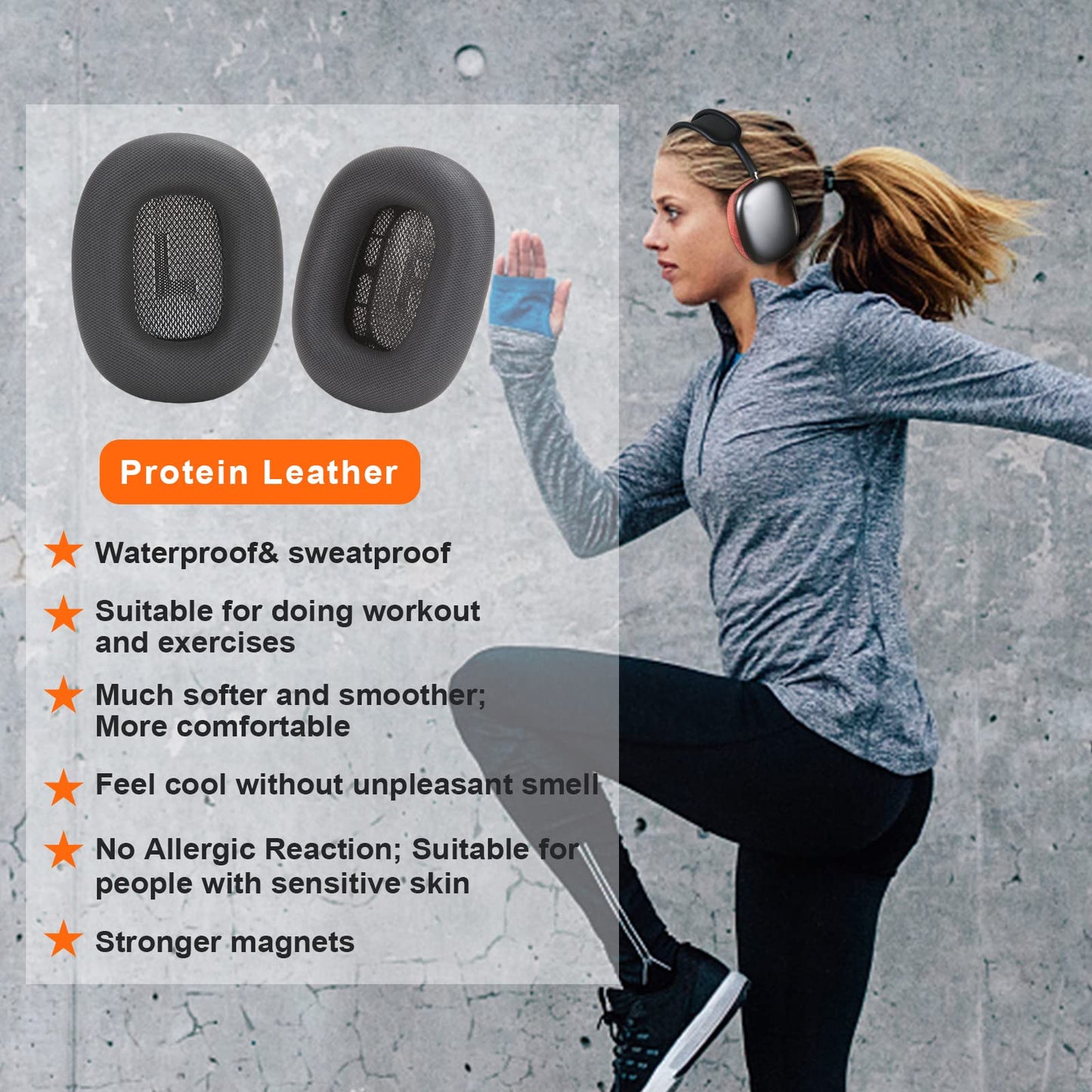 EARROCK Replacement Ear Cushions for AirPods Max 1 Over-Ear Headphones, Protein Leather Covered Earpads with Memory Foam and Magnet (Space Gray)
