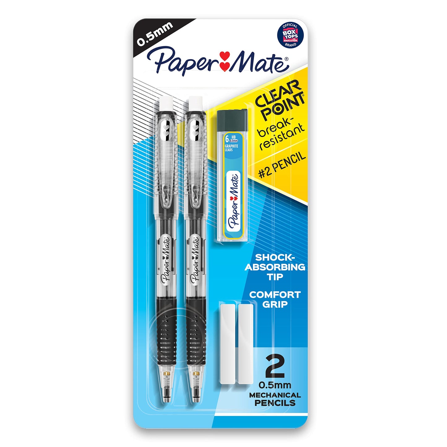 Paper Mate Clearpoint Mechanical Pencils, 0.5mm Break-Resistant HB #2 Lead, Eraser Refills, 2 Count