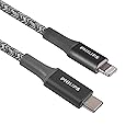 PHILIPS USB-C to Lightning Cable, 6in, Braided Cord, Short, Fast Charge, Compatible with iPhone 12/11 Pro/X/8/8 Plus, iPad, Airpods, Gray, 2 Pack…