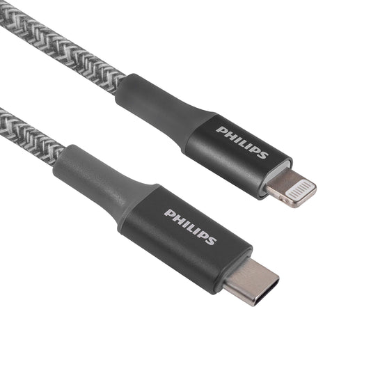 PHILIPS USB-C to Lightning Cable, 6in, Braided Cord, Short, Fast Charge, Compatible with iPhone 12/11 Pro/X/8/8 Plus, iPad, Airpods, Gray, 2 Pack…