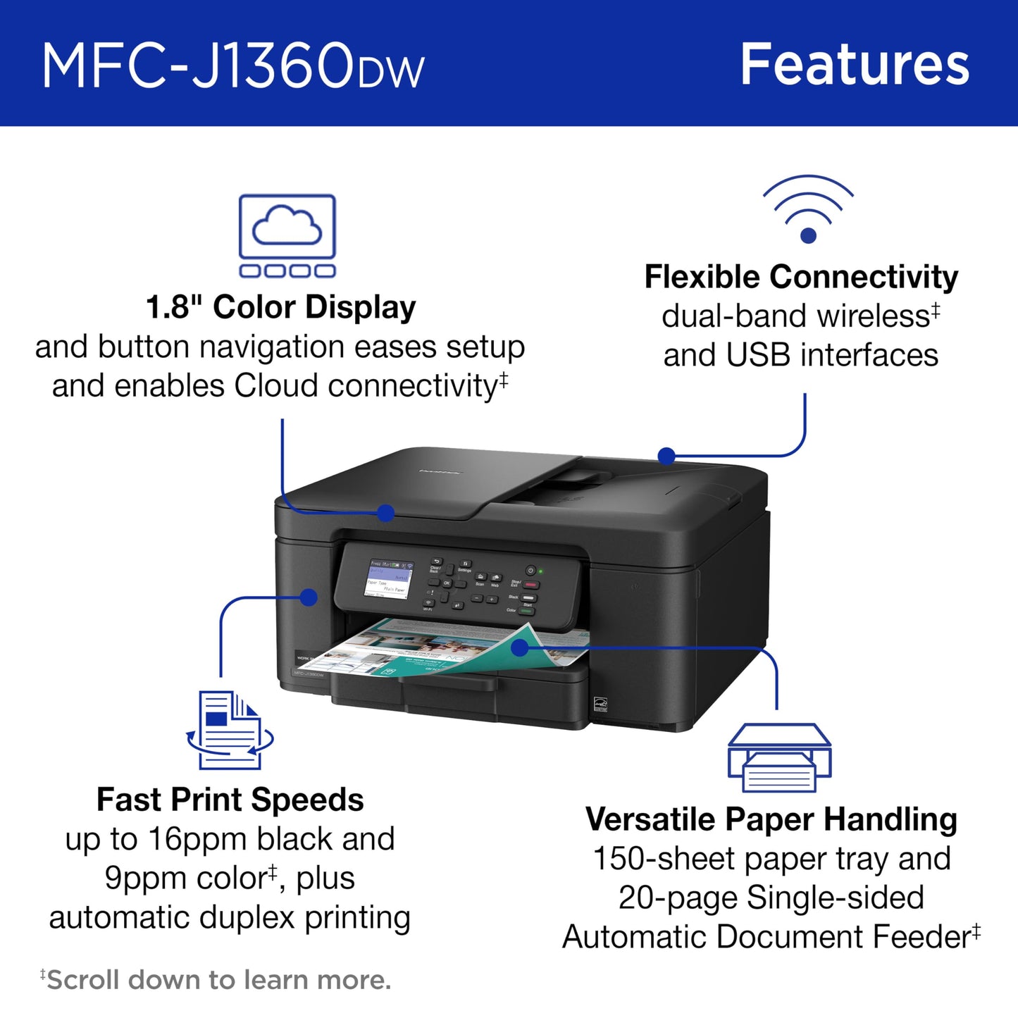 Brother Work Smart 1360 Wireless Color Inkjet All-in-One Printer with Automatic Duplex Printing and 1.8” Color Display | Includes Refresh Subscription