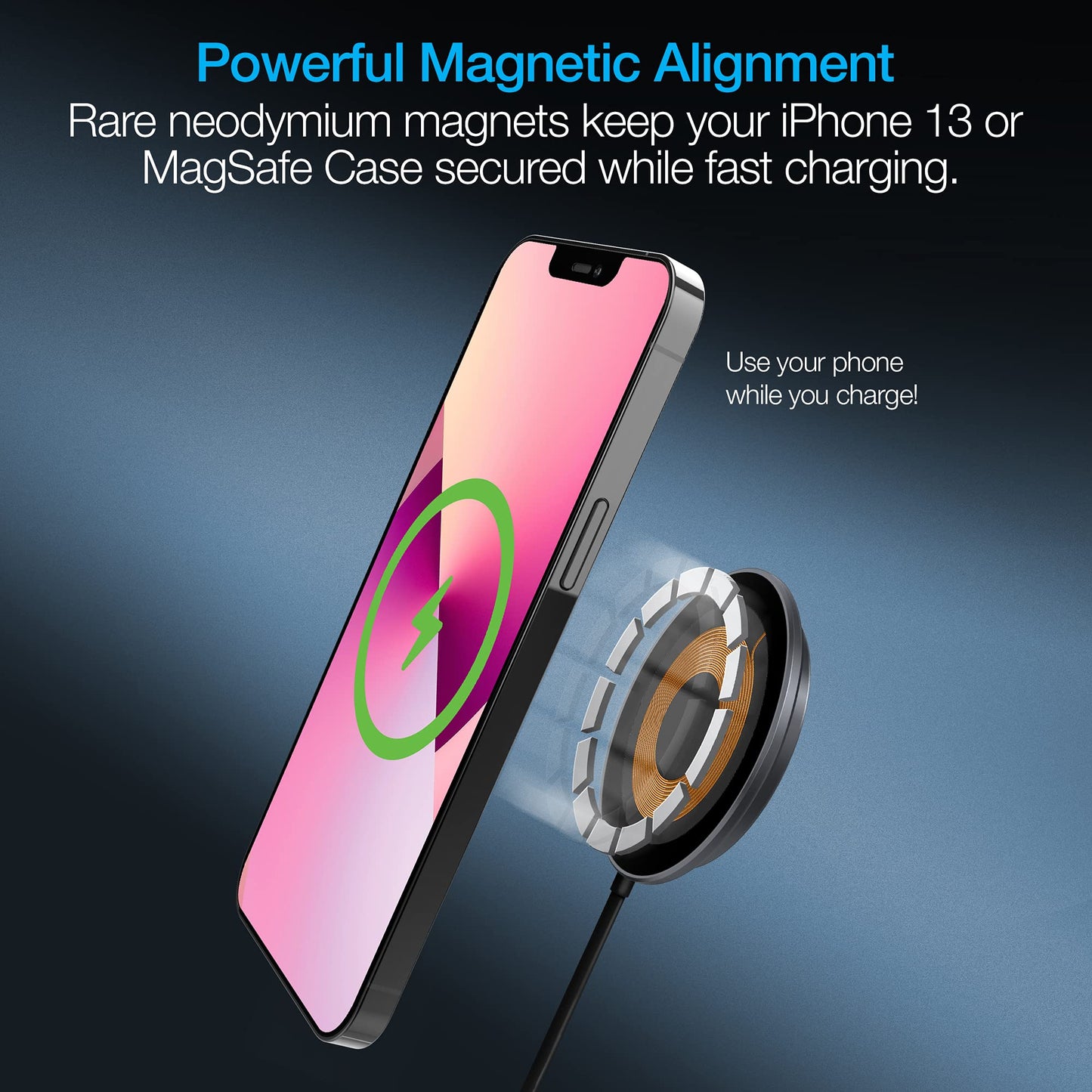 MagSafe Portable Snap-on Magnetic 15W Wireless Fast Charger with USB-C Connector Use As You Charge Universal for iPhone 17/16/15 Galaxy & More [Black]