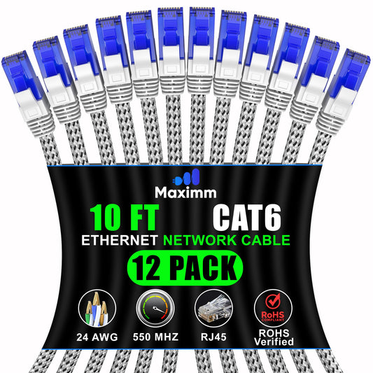 Maximm Cat6 Patch Cable 10 Ft White, 12-Pack, RJ45 10Gbps 550MHz UTP