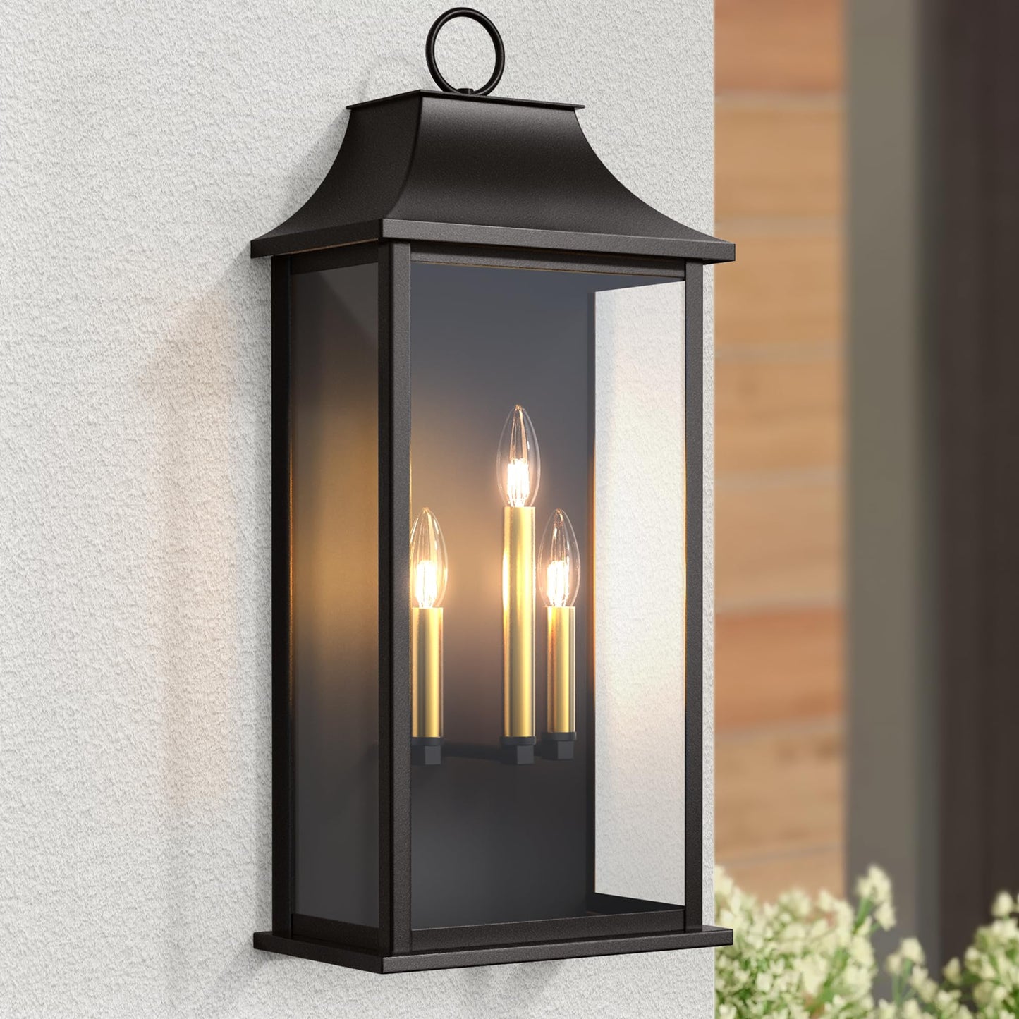 Lawyettle Dusk to Dawn Outdoor Wall Light 3-Light, 25.3" Large Outdoor Light Fixture, Black Exterior Wall Lantern, Waterproof Outside Wall Sconce