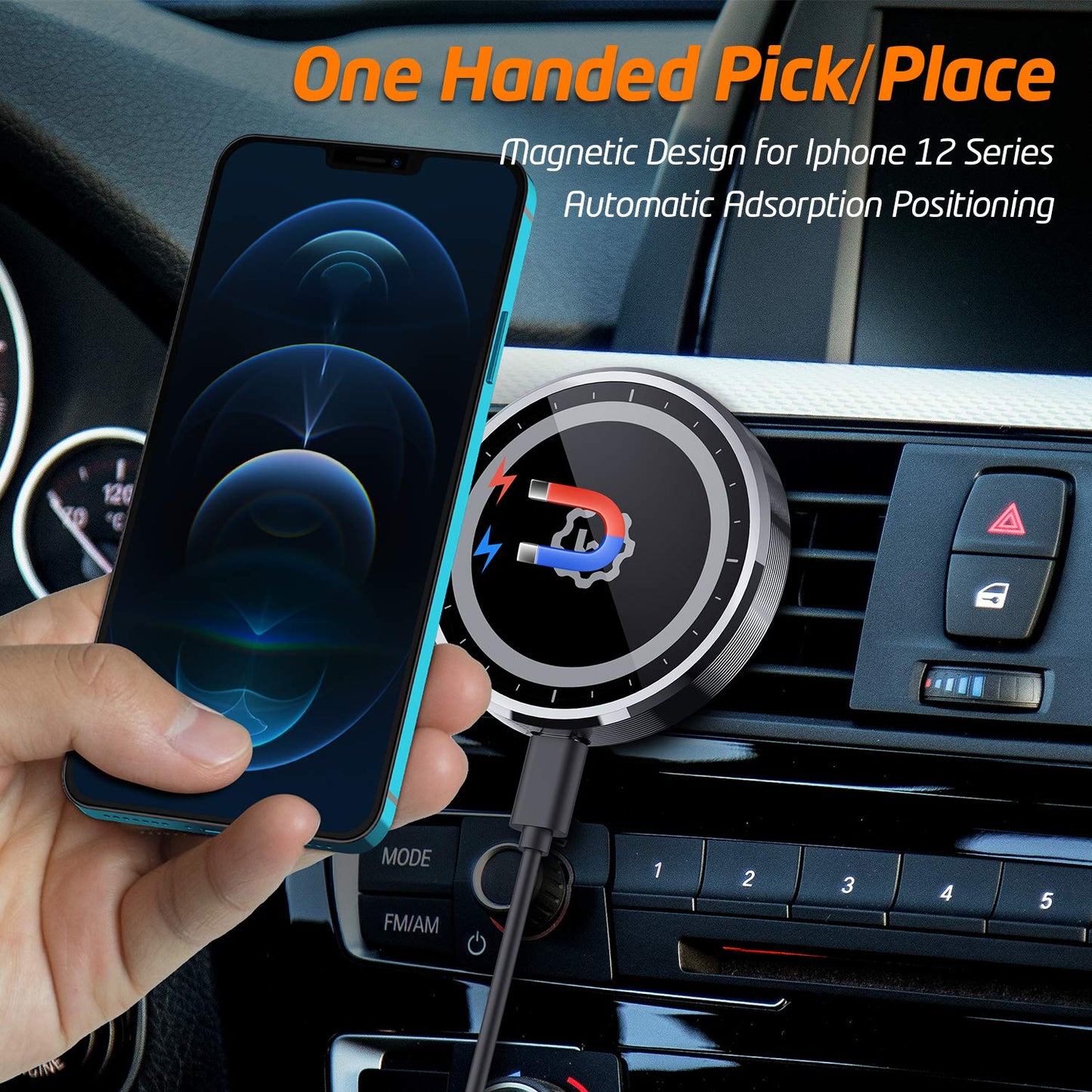 WixGear 15W Wireless Magnetic Car Charger, Air Vent & Dashboard Mount for iPhone 13/13 Pro/12/X Thru Mini with Auto Alignment