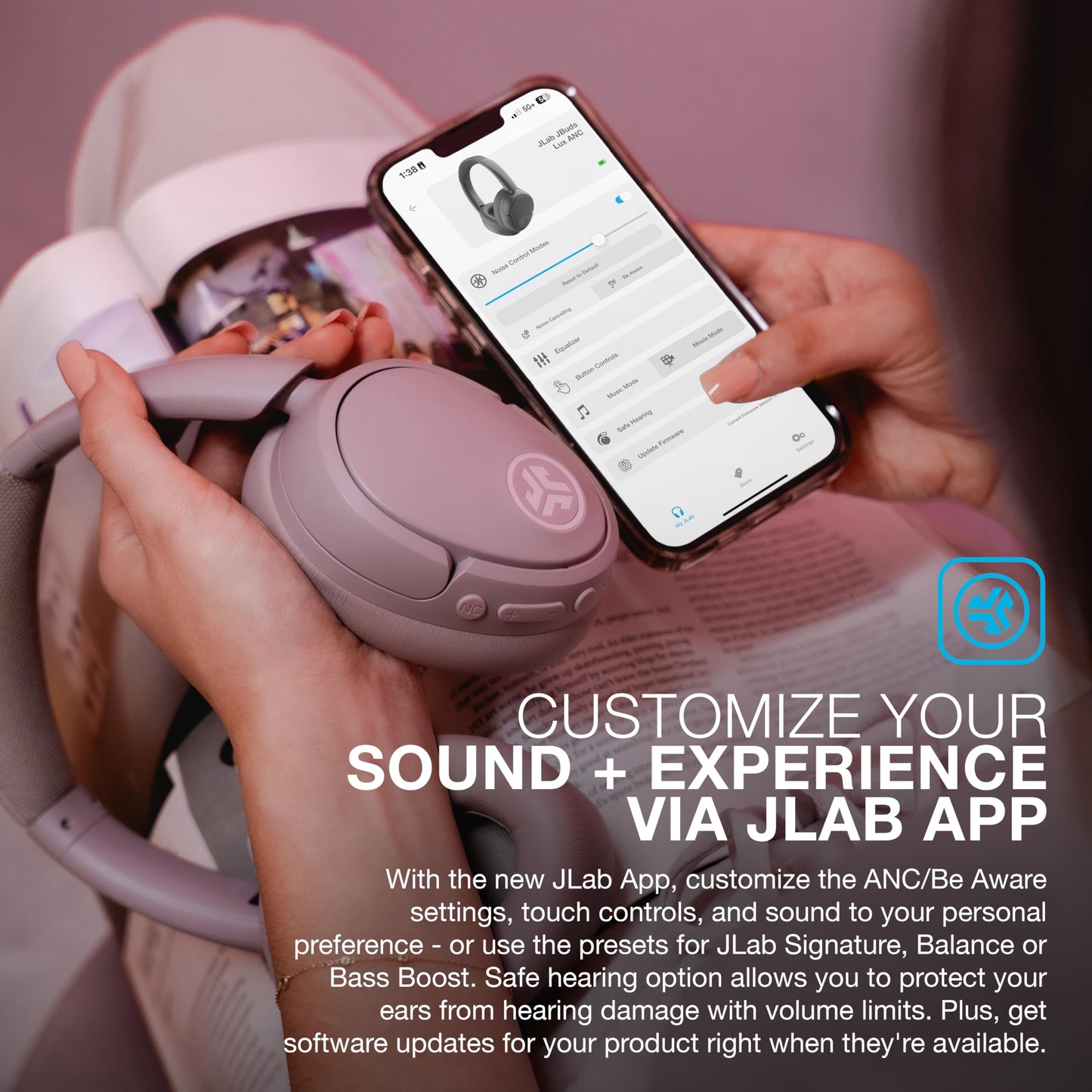 JLab Mauve Audio Bundle: JBuds Lux ANC Wireless Premium Over-Ear Bluetooth Headset with Hybrid Active Noise Cancelling Plus Go Air Pop+ True Wireless…