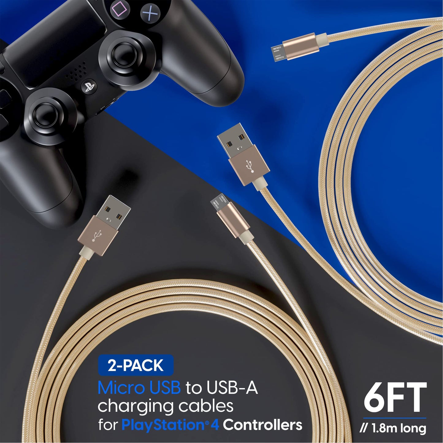 TalkWorks PlayStation 4 Charging Cable - 6' Nylon Braided Micro USB Charger Cord, Heavy Duty Fast Charge for PS4 (Gold, Pack of 2) (14092)