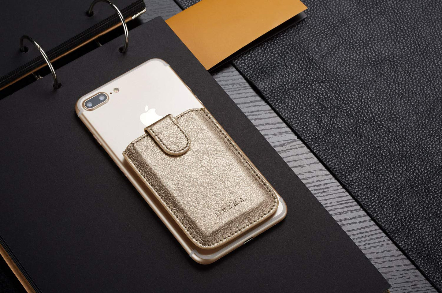 MUMUGUO Card Holder for Back of Phone,Pu Leather RFID Blocking 5 Pull Credit Card Cash Cell Phone Wallet Pocket Stick on Back iPhone(Gold)