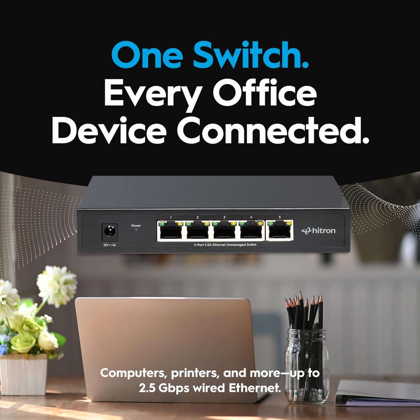 Hitron 5-Port 2.5G Multi-Gig Ethernet Switch (APEX2005), Unmanaged, Fanless Metal Housing, Silent Operation, Ideal for WiFi 6, Gaming, Streaming