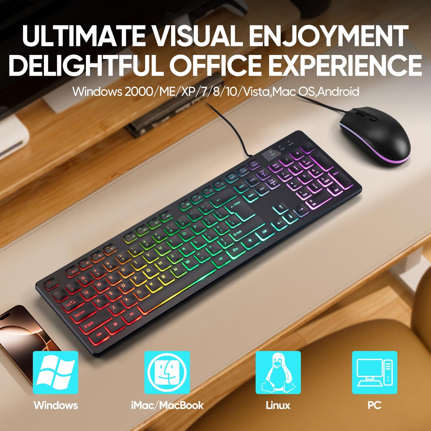 Wired Rainbow LED Backlit Keyboard and Mouse Combo,USB Lighted Computer Keyboards,Quiet Input Keyboard and Mouse for PC, Windows, Laptop,Office