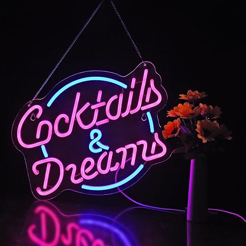 Cocktails and Dreams Neon Sign for Wall Decor Neon Signs with Dimmable Switch LED Neon Signs Bedroom Beer Bar Neon Light Sign Hotel Party Club Office