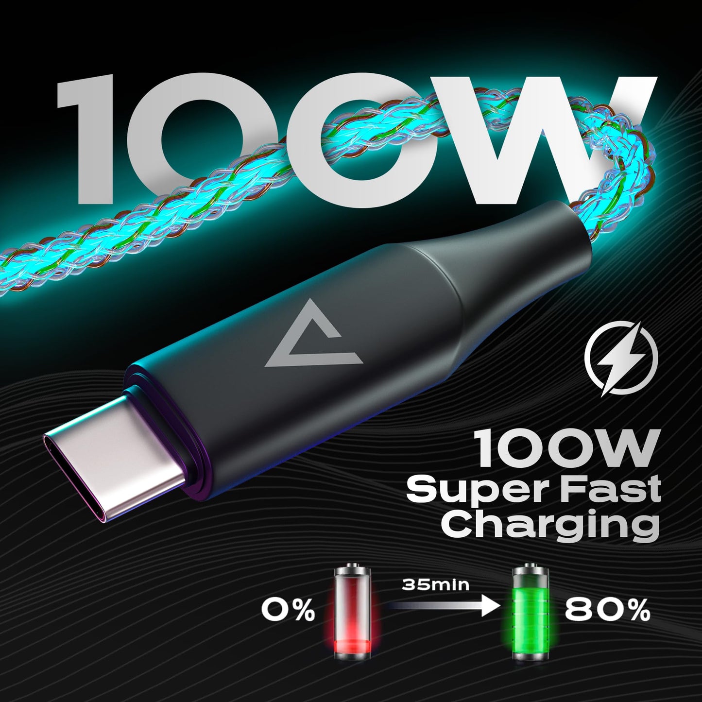 Statik Light Up Charger Cable - GloBright Braided LED Charging Cable, Glowing Super Fast Charging 100W Light Up Cable, Data Transfer, Lighted Phone