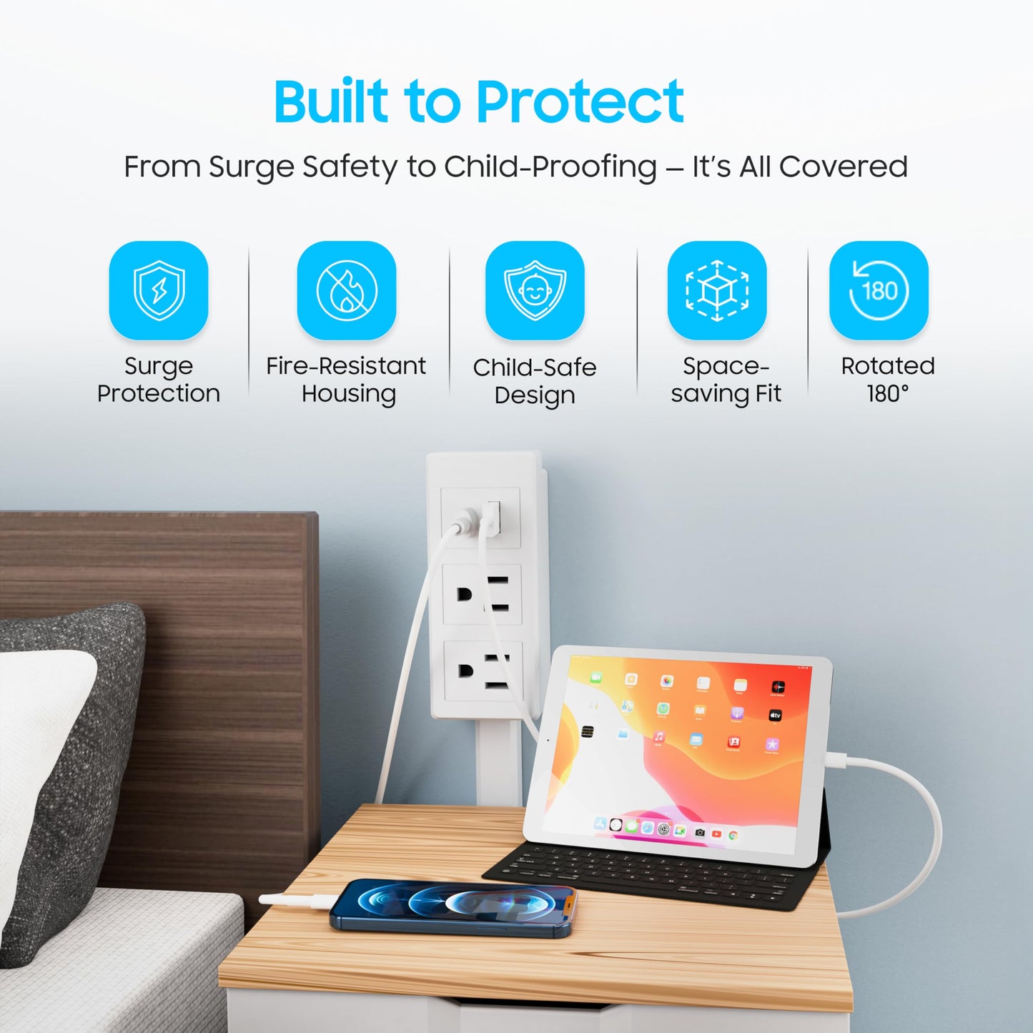Power Outlet Extender Stick-2AC Plugs-Power Strips USB C & A Ports-180° Rotating Electrical Plug Extension-Surge Protector Power Strip Flat Plug-Wall