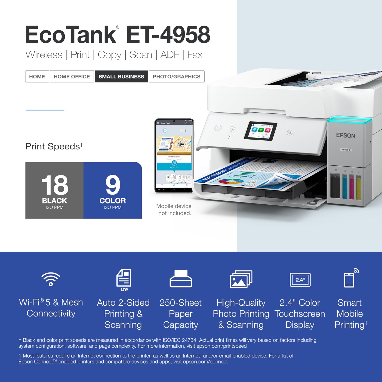 Epson EcoTank ET-4958 Wireless All-in-One Color Supertank Printer with up to 3 Years of Ink, Refillable Tanks, Perfect for Office, 18 PPM, 2.4" Color