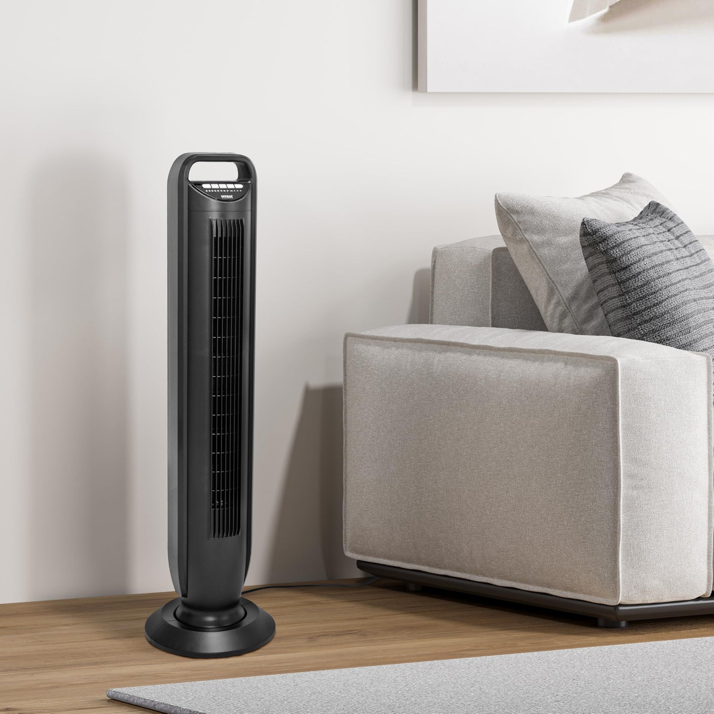 Seville Classics UltraSlimline Indoor Bladeless Oscillating Tower Fan Quiet Cooling LED Display Space-Saving for Home w/Remote and 7.5H Timer, Black