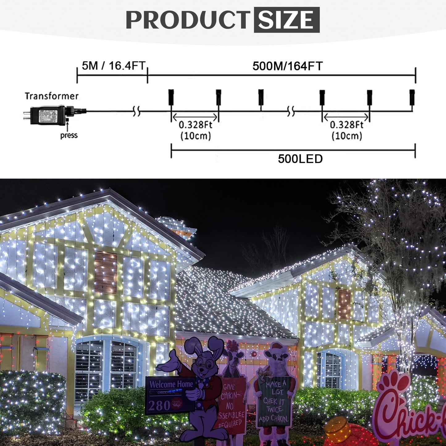 kemooie 500 LED Christmas String Lights, 164FT 8 Lighting Mode with Memory Plug in Green Wire Waterproof Lights, for Outdoor Indoor Birthday Christmas