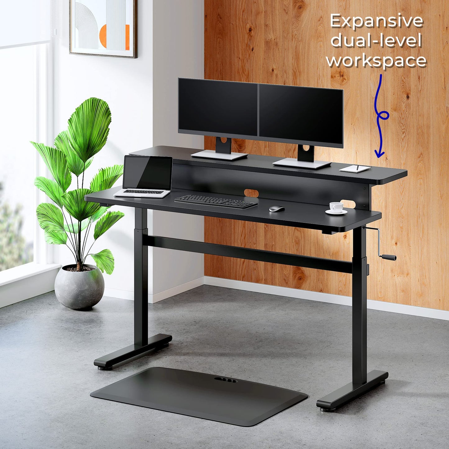 Stand Steady Tranzendesk | 55 Inch Dual Level Standing Desk with Shelf | Easy Crank Height Adjustable Sit to Stand Desk | Stand Up Workstation